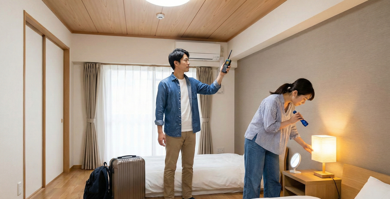 民泊で盗聴調査を行う様子